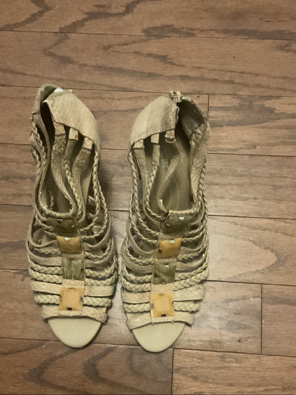 BCBG Braided Strappy Peep-Toe Heels in Beige